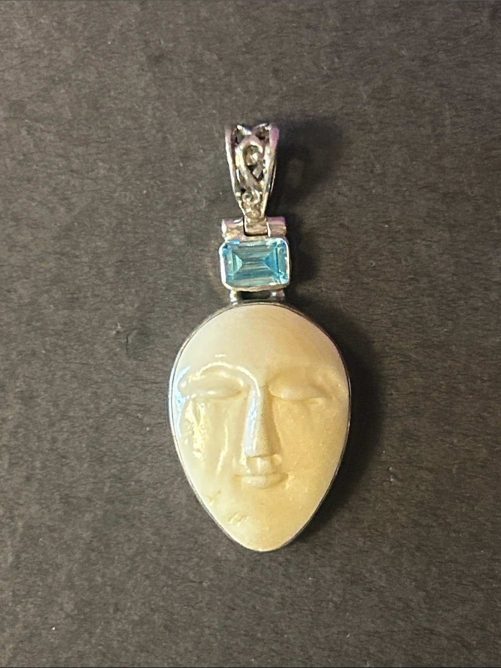 .925 Sterling Blue Topaz Hinged Moon Carved Goddess Pendant